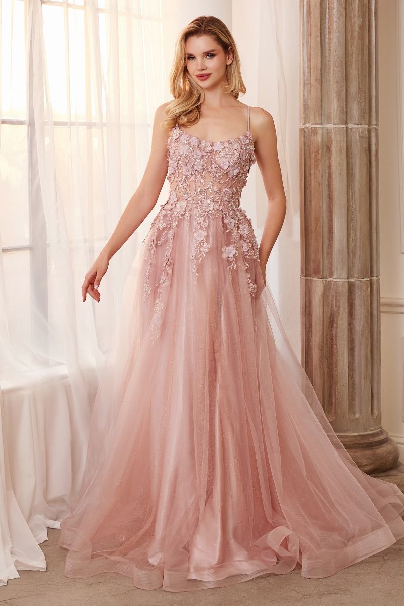 Floral Applique A-Line Scoop Neck Adjustable Open Back Bodice Long Boho & Prom Dress CDA1142