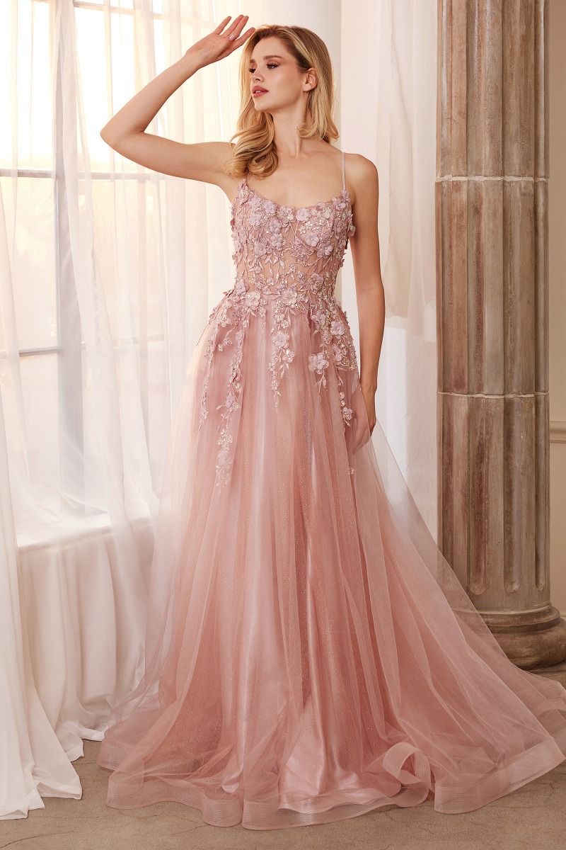 Floral Applique A-Line Scoop Neck Adjustable Open Back Bodice Long Boho & Prom Dress CDA1142