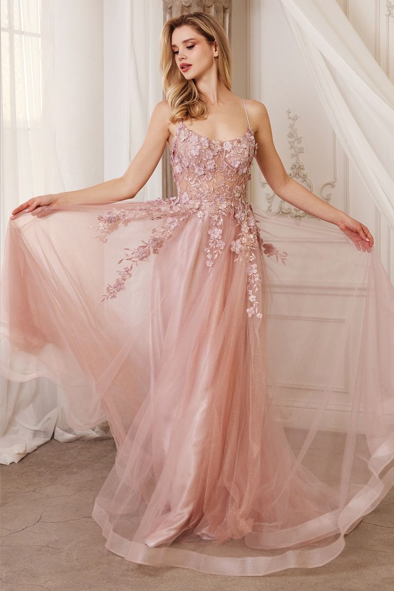 Floral Applique A-Line Scoop Neck Adjustable Open Back Bodice Long Boho & Prom Dress CDA1142
