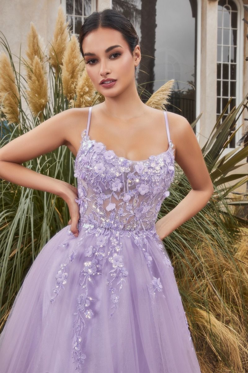 Floral Applique A-Line Scoop Neck Adjustable Open Back Bodice Long Boho & Prom Dress CDA1142