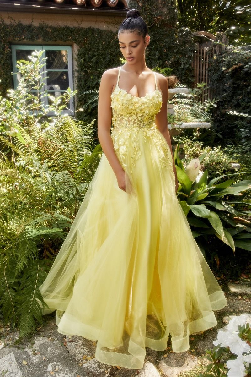 Floral Applique A-Line Scoop Neck Adjustable Open Back Bodice Long Boho & Prom Dress CDA1142