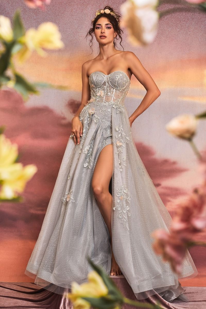 Liliana Embellished Appliqué Sweetheart Floral Bodice Leg Slit Long Prom & Bridesmaid Dress CDA1153