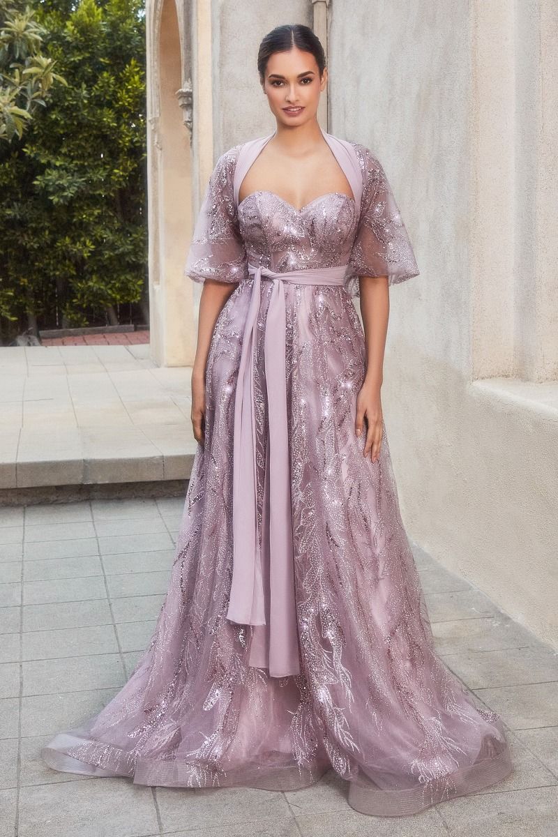 Shimmer Leaf Motif Strapless Bodice Open Back A-line Long Mother Of The Bride Dress CDA1174-4