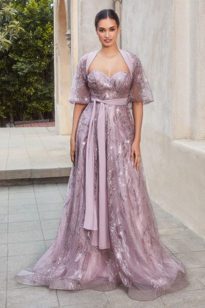 Shimmer Leaf Motif Strapless Bodice Open Back A-line Long Mother Of The Bride Dress CDA1174-4