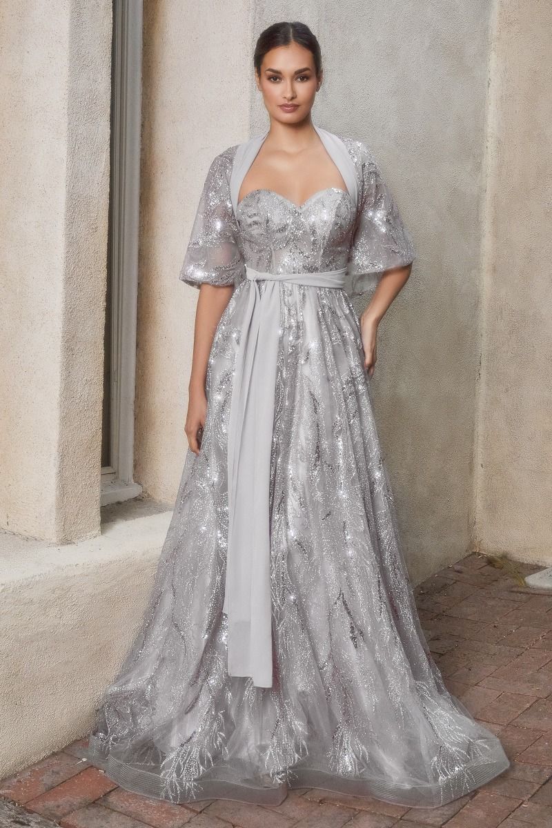 Shimmer Leaf Motif Strapless Bodice Open Back A-line Long Mother Of The Bride Dress CDA1174-3