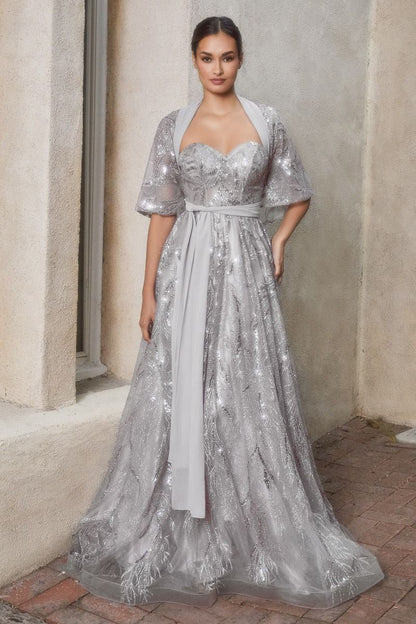 Shimmer Leaf Motif Strapless Bodice Open Back A-line Long Mother Of The Bride Dress CDA1174-3