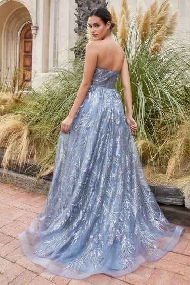 Shimmer Leaf Motif Strapless Bodice Open Back A-line Long Mother Of The Bride Dress CDA1174-1
