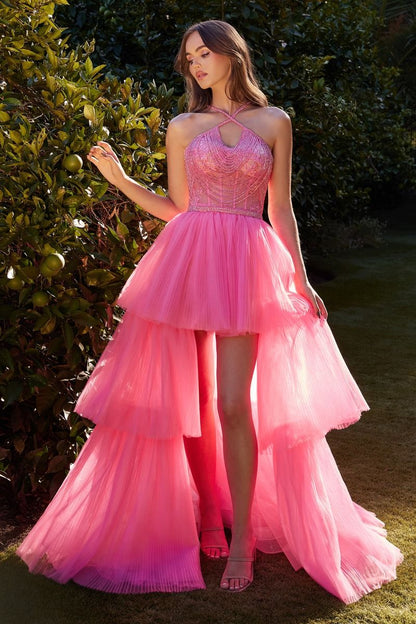 HIGH LOW HALTER BEADED BALL GOWN CDA1239-1