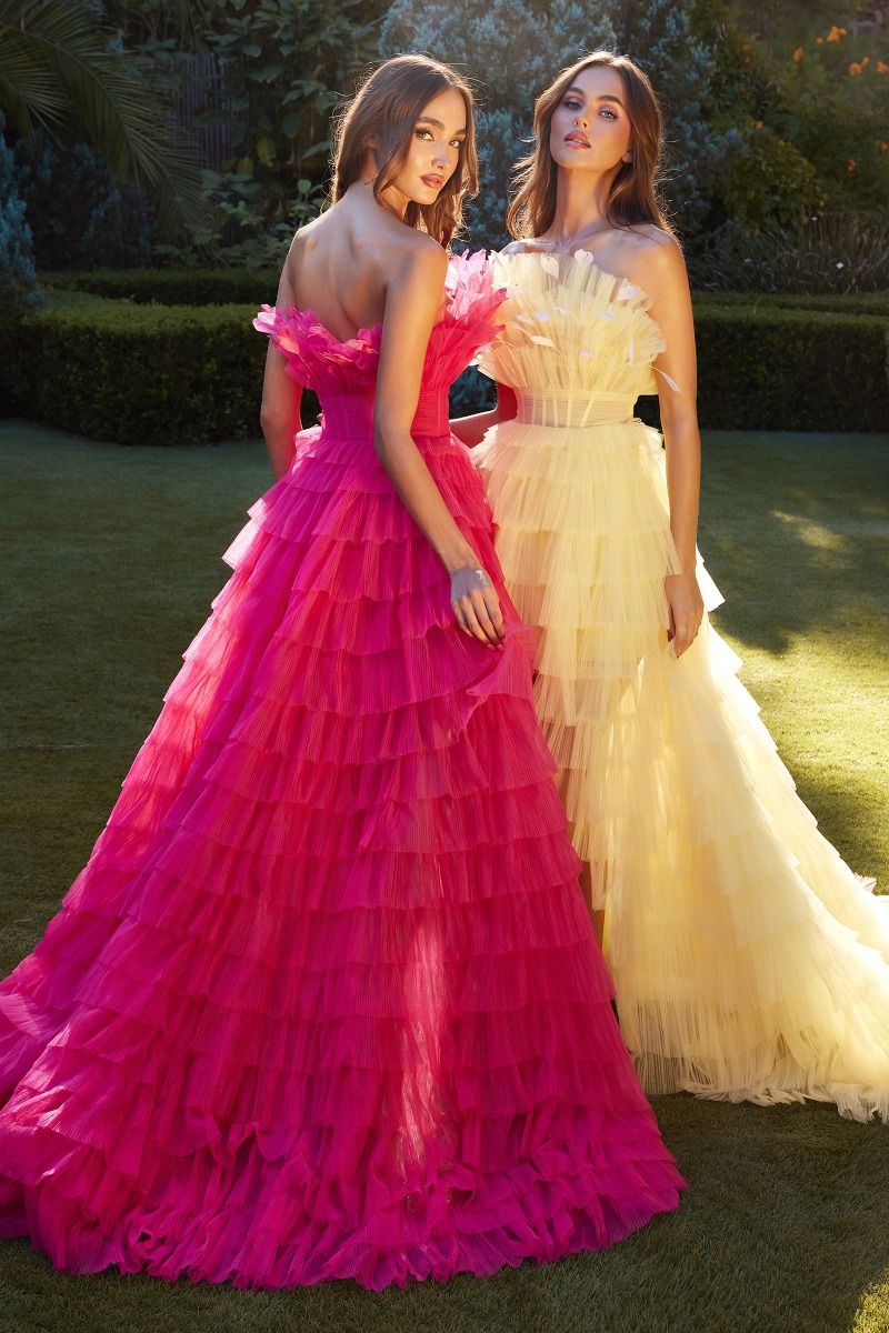 HIGH LOW RUFFLED TULLE GOWN WITH FEATHER DETAILS CDA1240-1