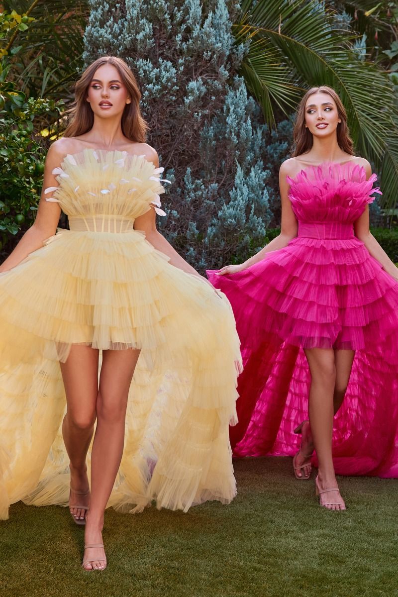 HIGH LOW RUFFLED TULLE GOWN WITH FEATHER DETAILS CDA1240-0