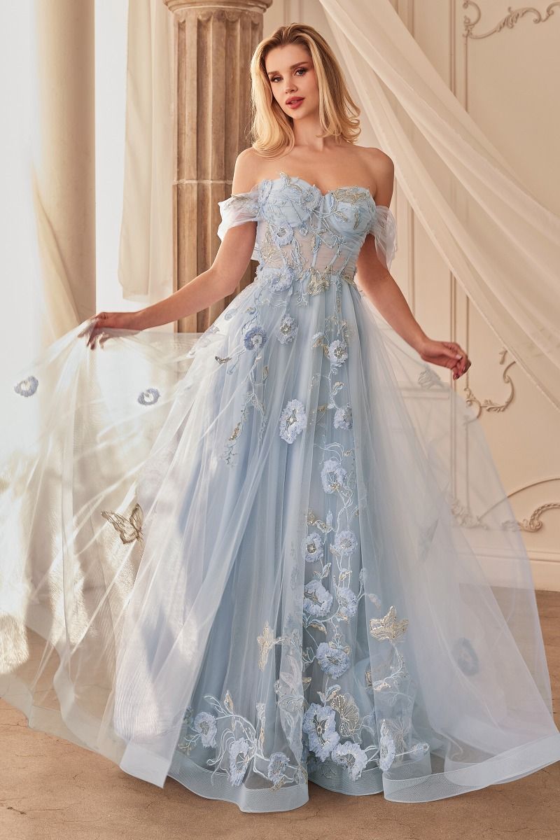 OFF THE SHOULDER FLORAL APPLIQUE BALL GOWN CDA1246-2