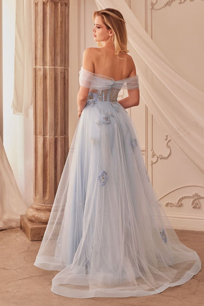 OFF THE SHOULDER FLORAL APPLIQUE BALL GOWN CDA1246-1