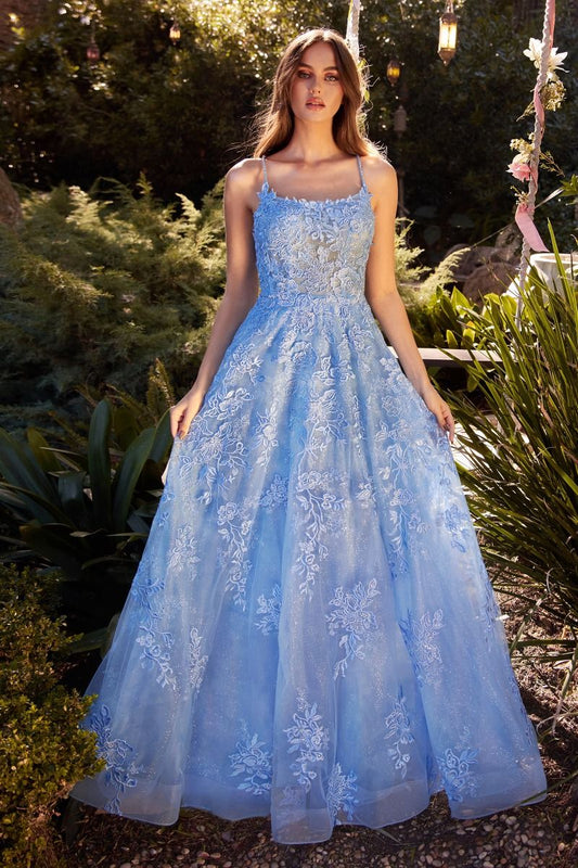 Sky Blue & Sage Green Embroidered Tulle Ball Gown | Floral A-Line Dress with Spaghetti Straps  CDA1248-0