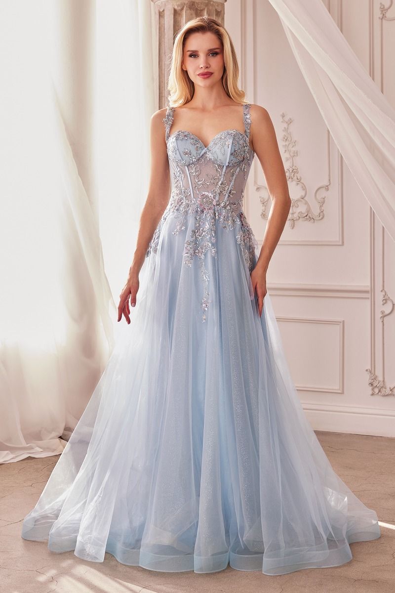 Sky Blue, Dusty Aqua | Floral Appliqué A-Line Gown with Sheer Corset Bodice & Tulle Skirt  CDA1258-4