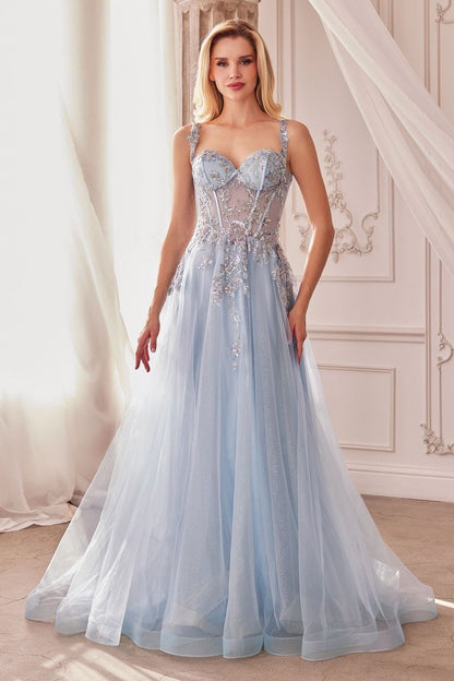 Sky Blue, Dusty Aqua | Floral Appliqué A-Line Gown with Sheer Corset Bodice & Tulle Skirt  CDA1258-4