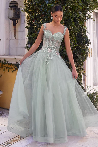 Sky Blue, Dusty Aqua | Floral Appliqué A-Line Gown with Sheer Corset Bodice & Tulle Skirt  CDA1258-3