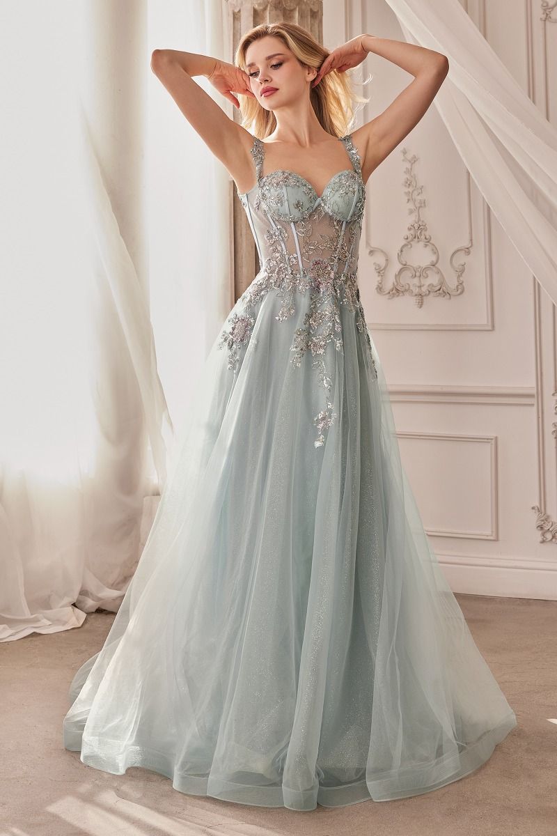 Sky Blue, Dusty Aqua | Floral Appliqué A-Line Gown with Sheer Corset Bodice & Tulle Skirt  CDA1258-2