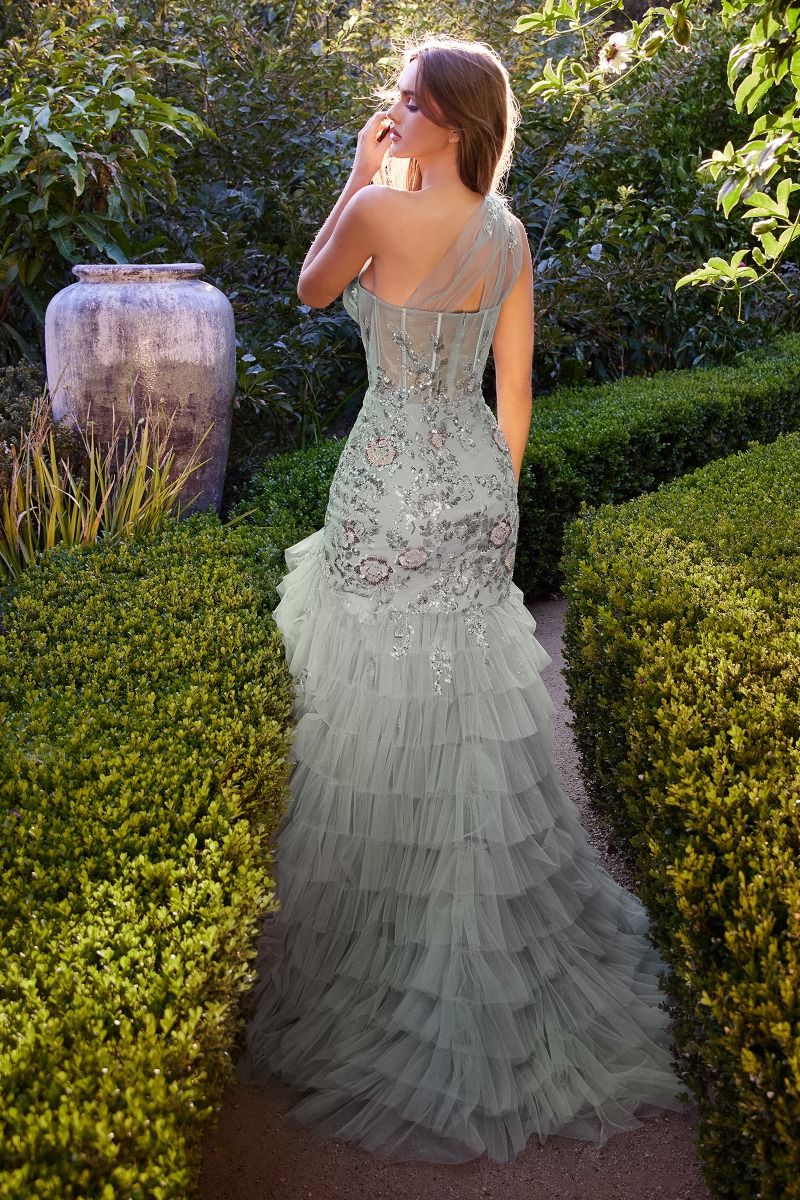 ONE SHOULDER EMBELLISHED LAYERED TULLE MERMAID GOWN CDA1260-1