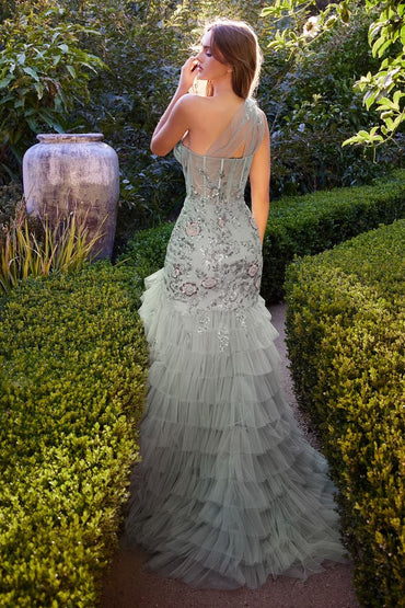 ONE SHOULDER EMBELLISHED LAYERED TULLE MERMAID GOWN CDA1260-1