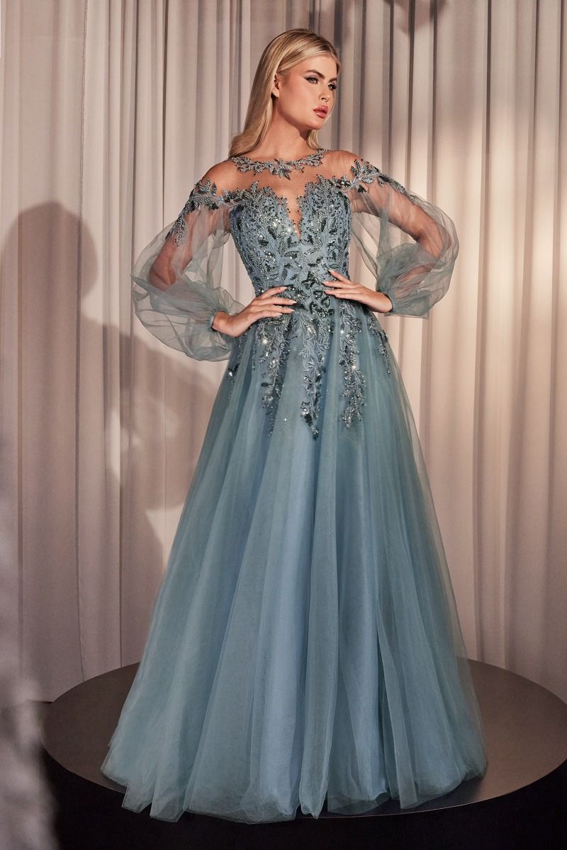 LONG SLEEVE A-LINE TULLE & LACE GOWN CDA1263-4