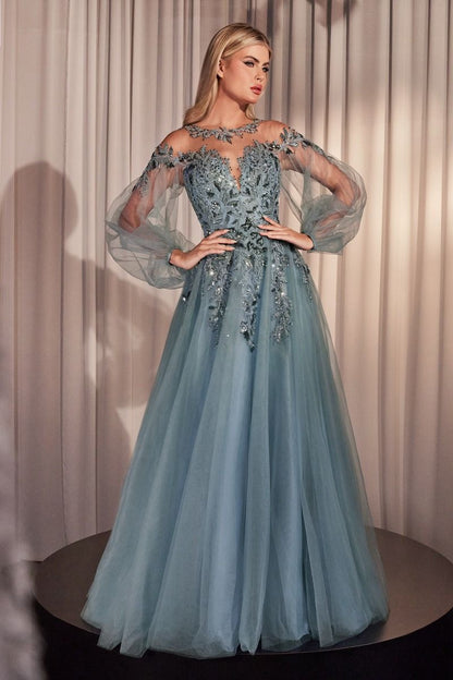 LONG SLEEVE A-LINE TULLE & LACE GOWN CDA1263-4