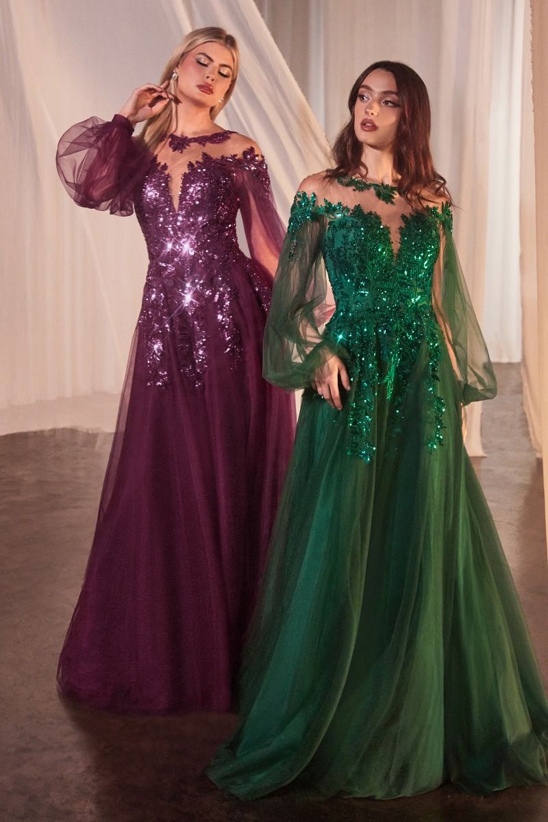 LONG SLEEVE A-LINE TULLE & LACE GOWN CDA1263-3