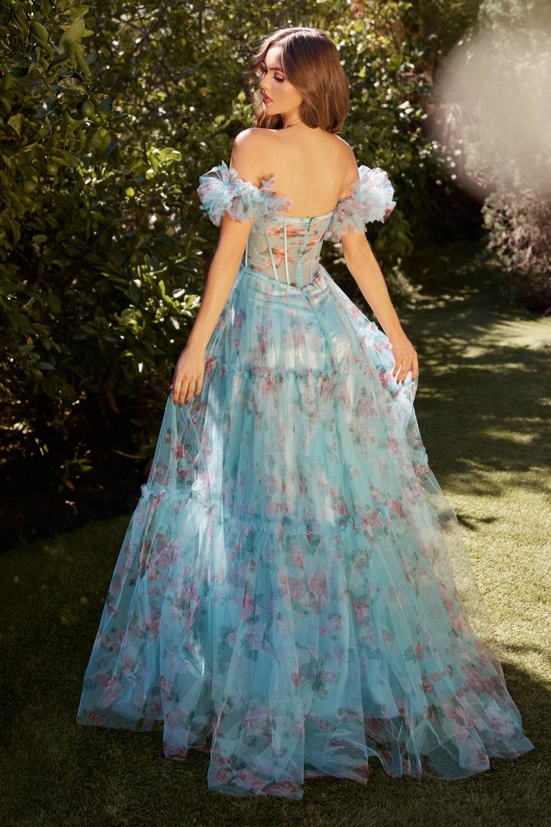 Aqua Blue Floral Corset Gown with Off-Shoulder Sleeves | Romantic Tulle Ball Gown  CDA1285-1