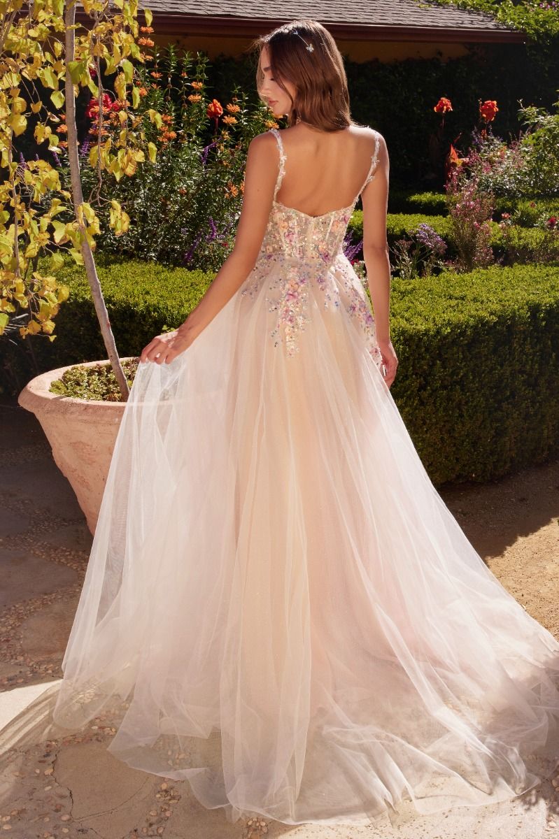 WHITE A-LINE DRESS WITH MULTI COLORED FLORAL EMBELLISHMENT CDA1288-2
