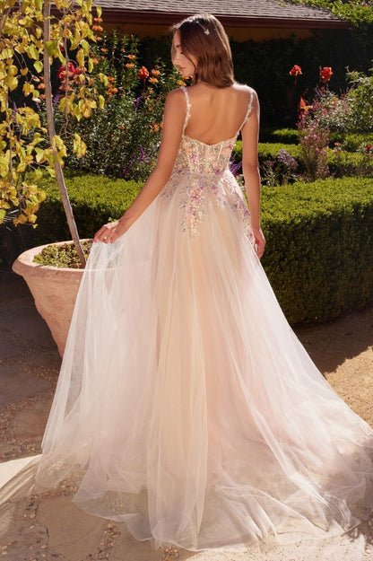 WHITE A-LINE DRESS WITH MULTI COLORED FLORAL EMBELLISHMENT CDA1288-2