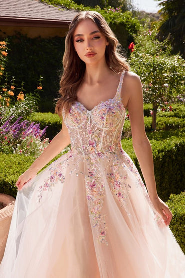 WHITE A-LINE DRESS WITH MULTI COLORED FLORAL EMBELLISHMENT CDA1288-1