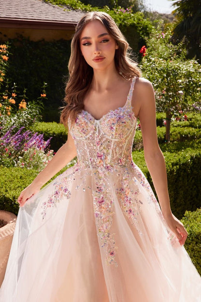 WHITE A-LINE DRESS WITH MULTI COLORED FLORAL EMBELLISHMENT CDA1288-1