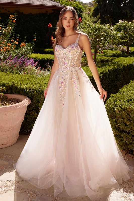WHITE A-LINE DRESS WITH MULTI COLORED FLORAL EMBELLISHMENT CDA1288-0