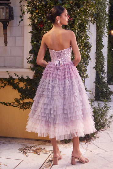 Layered Ruffle Lacender Strapless Tea Length Cocktail Dress CDA1309