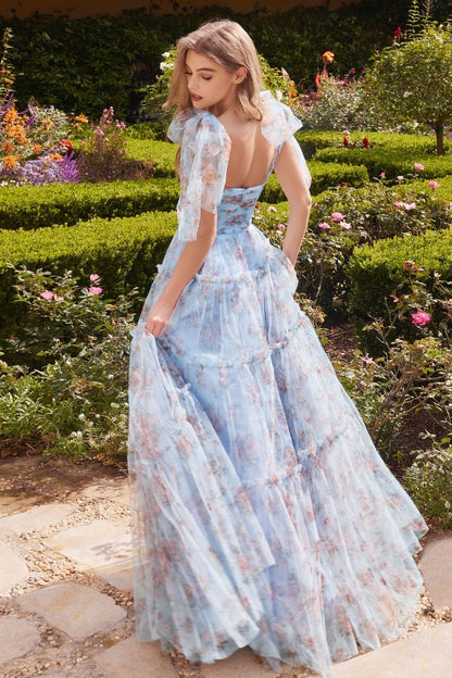 PRINTED FLORAL LAYERED TULLE GOWN CDA1332-1