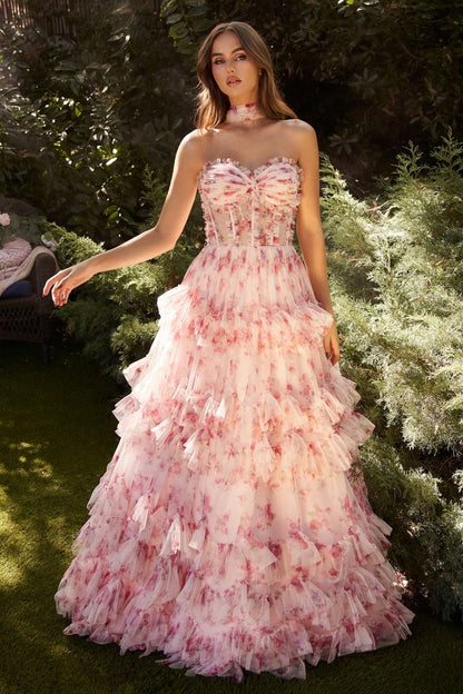 FLORAL PRINTED STRAPLESS DRESS CDA1334-1