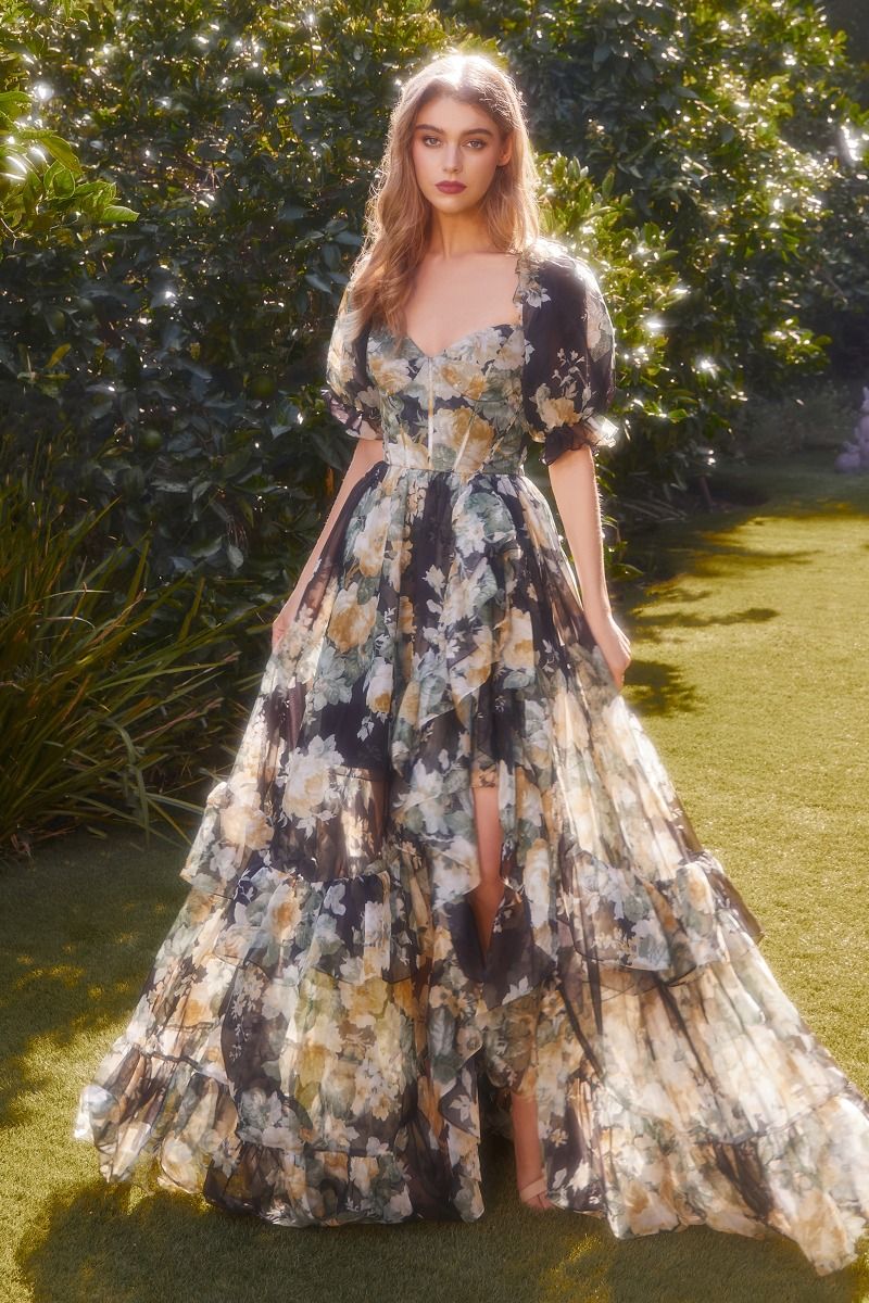 Floral Printed Ruffle Short Sleeves Sweetheart Long Prom Dress CDA1336