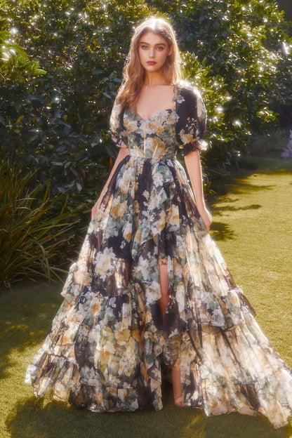Floral Printed Ruffle Short Sleeves Sweetheart Long Prom Dress CDA1336