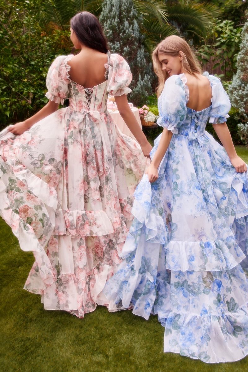 Floral Printed Ruffle Short Sleeves Sweetheart Long Prom Dress CDA1336