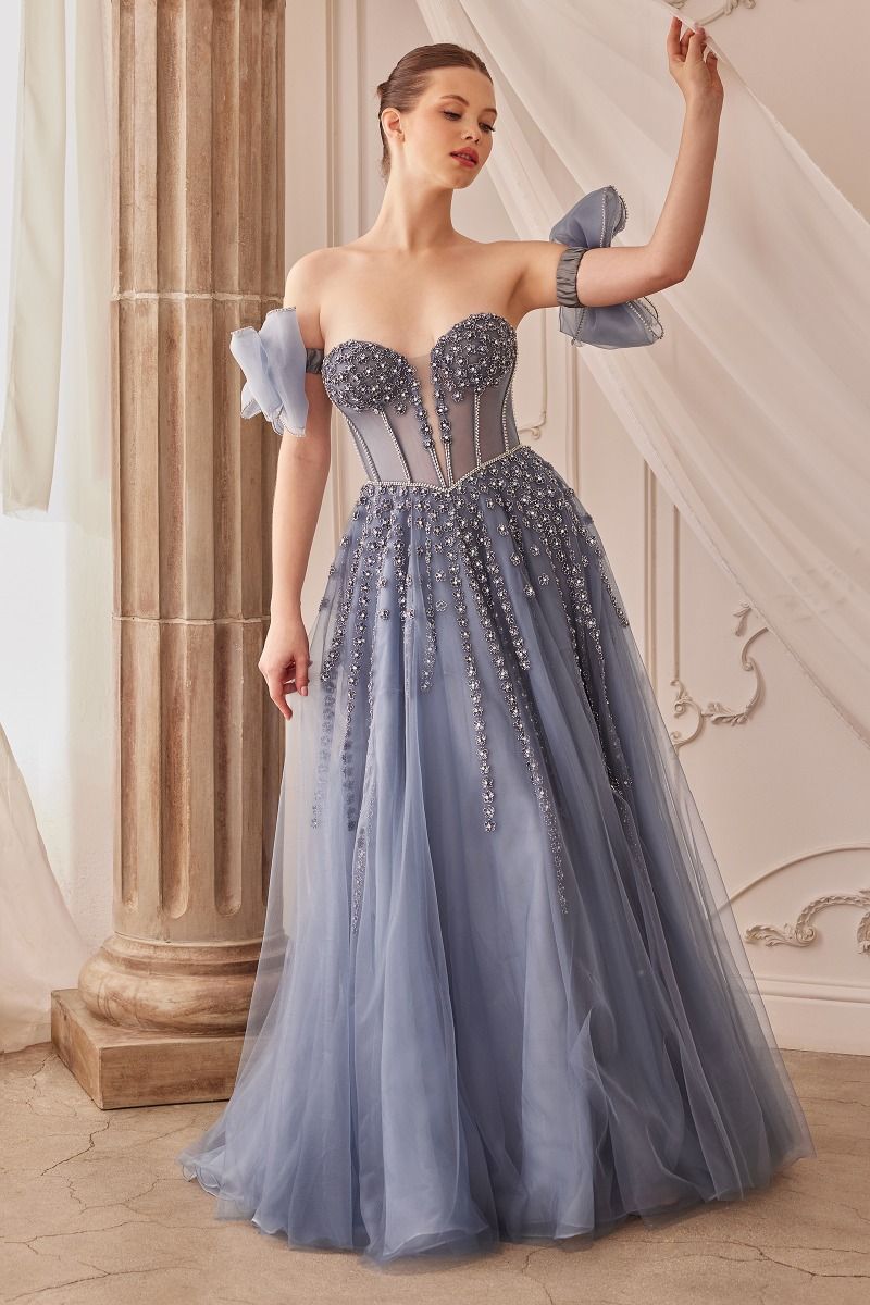 Strapless Beaded Bow Sleeves Accessories Illusion Sweetheart Long Ball Dress CDA1338