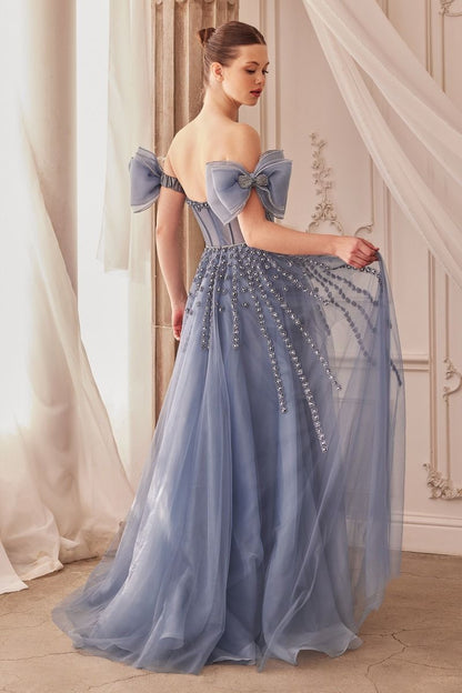 Blush Nude, Dusty Blue | Off-Shoulder Beaded Tulle Gown with 3D Petal Accents & Sweetheart Corset CDA1338-3