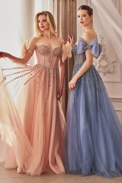 Blush Nude, Dusty Blue | Off-Shoulder Beaded Tulle Gown with 3D Petal Accents & Sweetheart Corset CDA1338-4