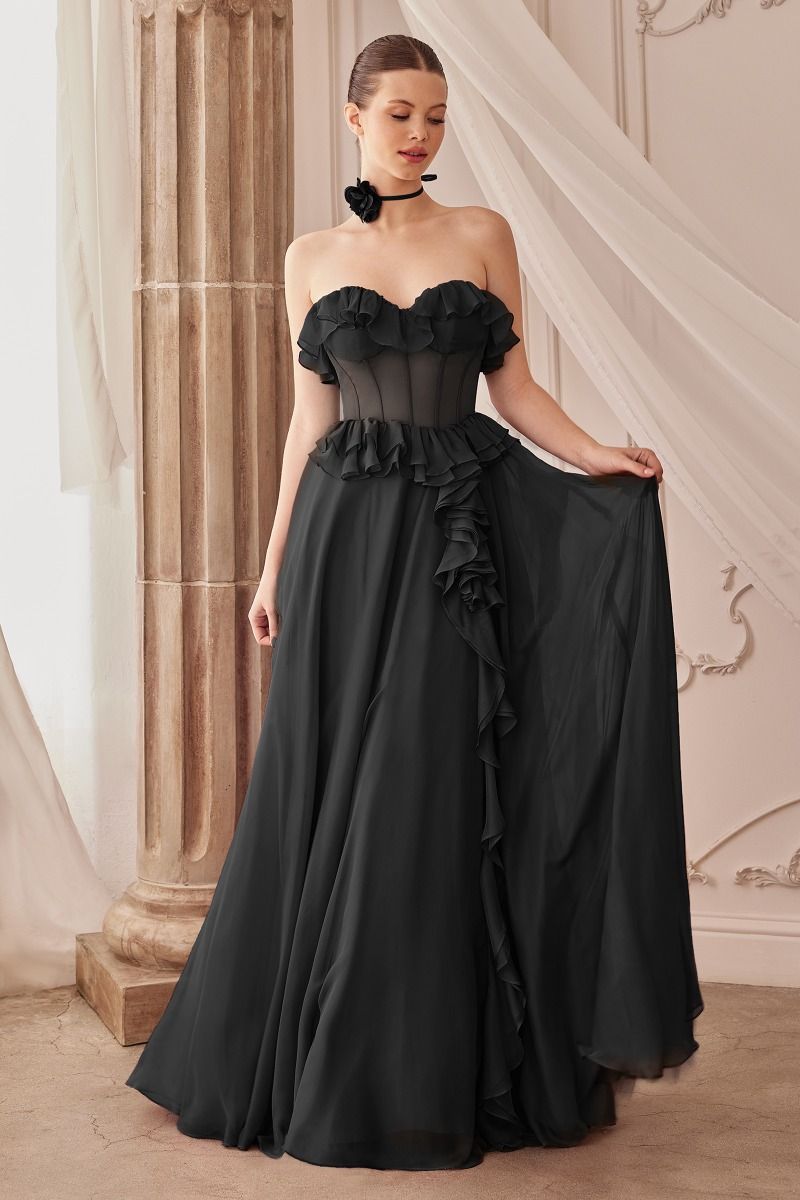 STRAPLESS CHIFFON RUFFLE A-LINE DRESS CDA1341-5