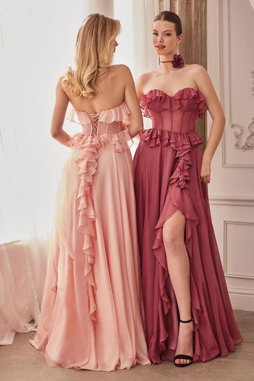 STRAPLESS CHIFFON RUFFLE A-LINE DRESS CDA1341-1