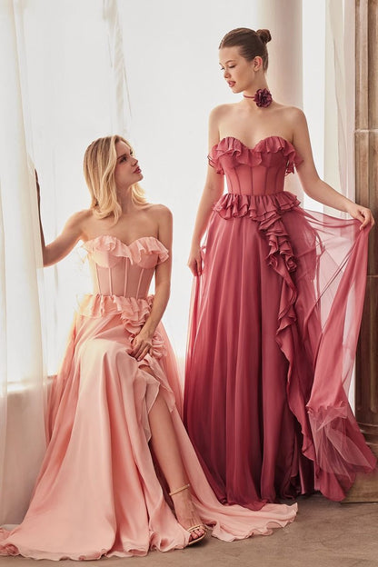 STRAPLESS CHIFFON RUFFLE A-LINE DRESS CDA1341-2