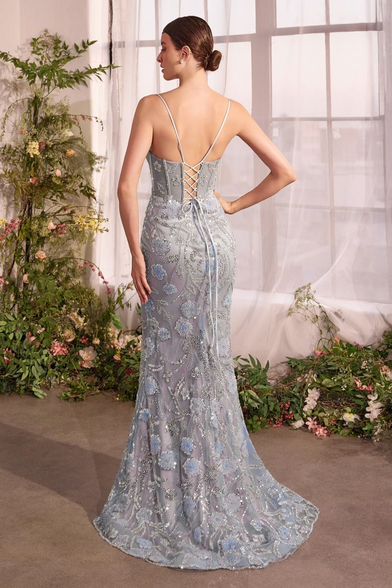 Icy Blue Floral Embellished Mermaid Gown with Deep Illusion Neckline – Style 1393 CDA1393-1