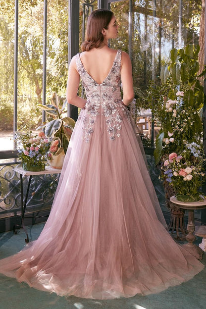 SEQUIN BOUQUET V-NECK GOWN CDA1401-1