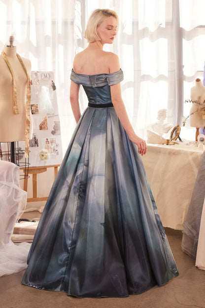 Off The Shoulder Glitter Satin Gown w/ Floral Print & Romantic Sweetheart Neck CDA1431