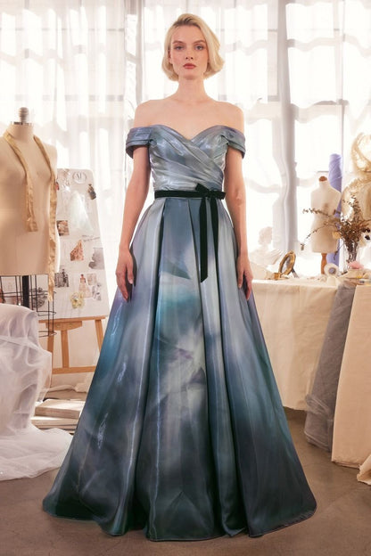 Off The Shoulder Glitter Satin Gown w/ Floral Print & Romantic Sweetheart Neck CDA1431
