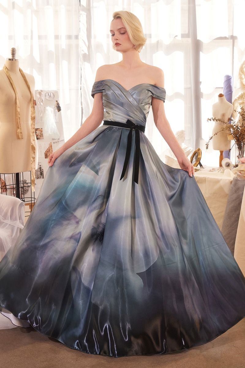Off The Shoulder Glitter Satin Gown w/ Floral Print & Romantic Sweetheart Neck CDA1431