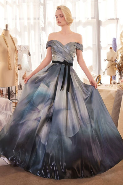 Off The Shoulder Glitter Satin Gown w/ Floral Print & Romantic Sweetheart Neck CDA1431